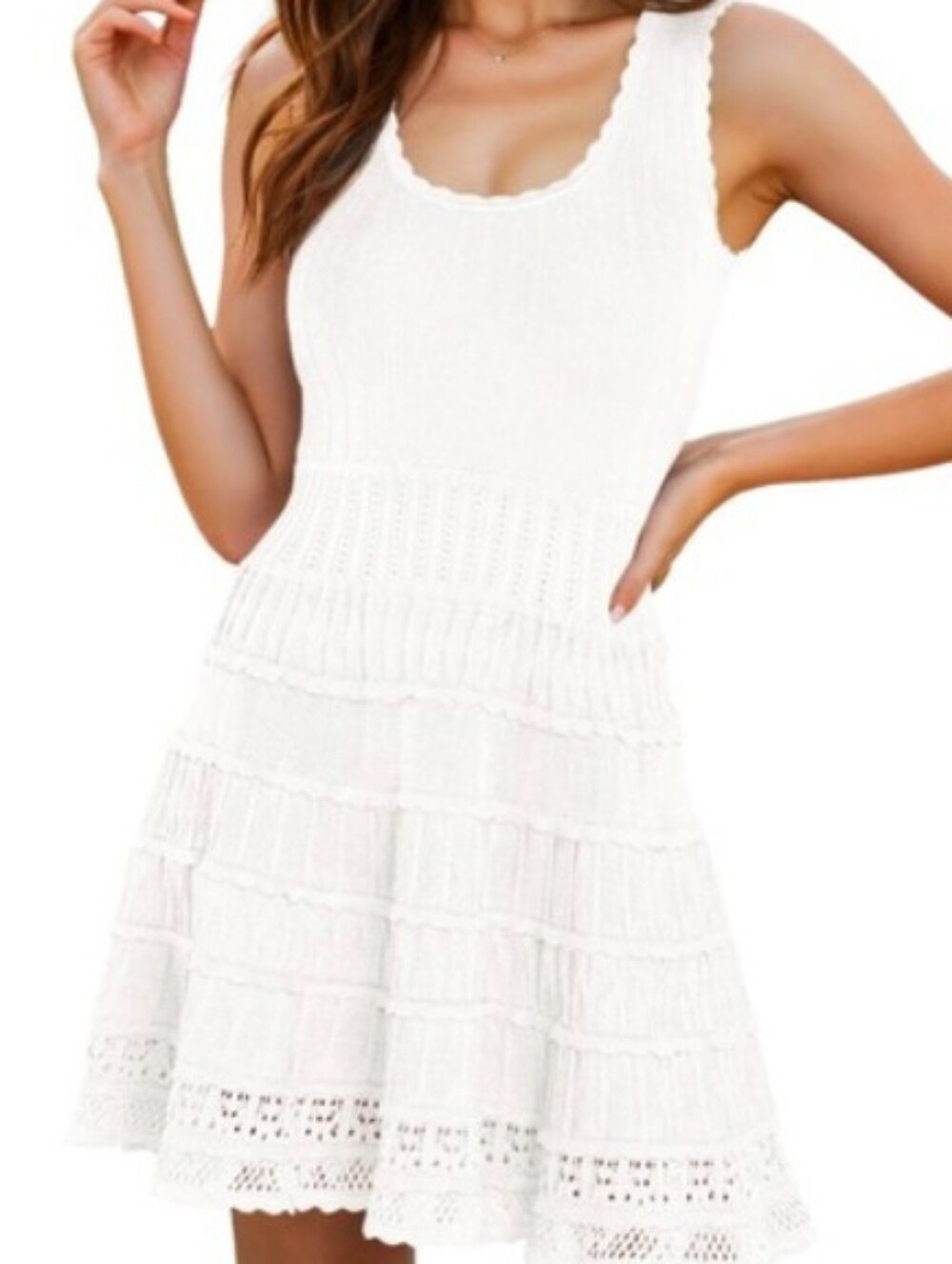 Sleeveless White Crochet Knit Tiered Mini Dress